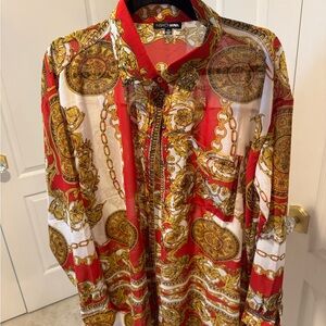 Fashion Nova Women’s Red and Gold Patterned Shirt